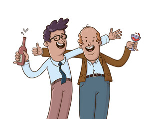 Two Cheerful Men Embrace: Office Party or Family Celebration