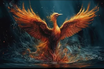 Foto op Plexiglas 3d rendering of an eagle flying over the water with fire and smoke © Ahsan ullah