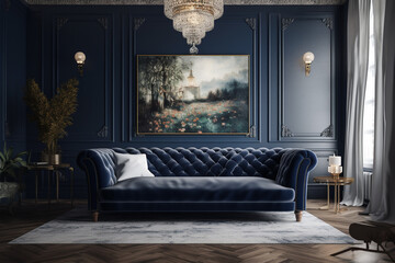 Classic blue living room interior with blue sofa and paintings on the wall. 3d render