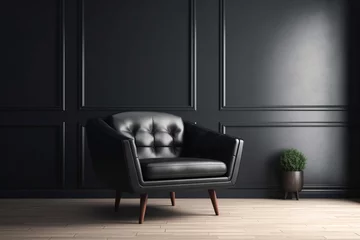 Deurstickers Classic black leather armchair in classic interior with black walls and wooden floor. 3d render © Ahsan ullah