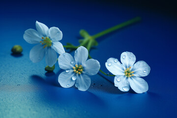 Spring flowers on a blue background with water drops close-up.