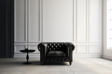Classic black leather armchair in classic interior with black walls and wooden floor. 3d render