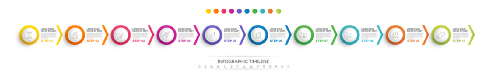 Business vector infographic design template. Circle timeline with icons and 10 ten arrows or steps. Used for process diagram, presentations, workflow layout, info graph, banner, flow chart - obrazy, fototapety, plakaty