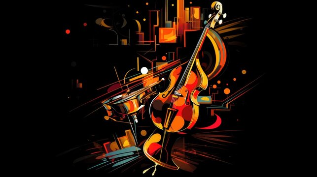 Abstract image of musical instruments on a black background. International Music Day Poster. 