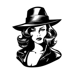 Vector noir film lady silhouette. Criminal girl illustration. Retro woman portrait. Old school mafia concept. Template for clothes, t-shirt, cards, games design