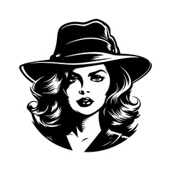 Vector noir film lady silhouette. Criminal girl illustration. Retro woman portrait. Old school mafia concept. Template for clothes, t-shirt, cards, games design