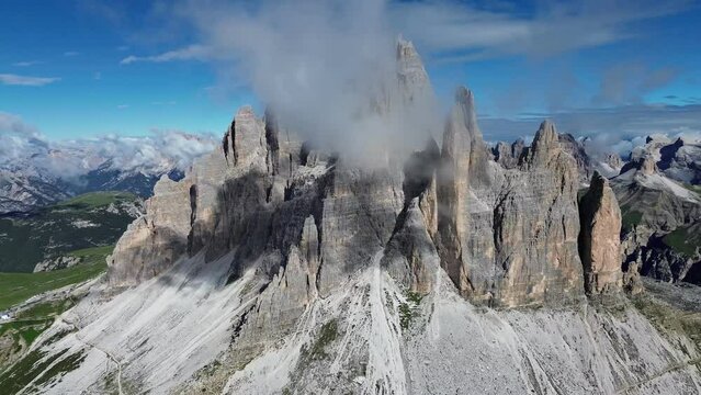 drone video Tre Cime di Lavaredo dolomites italy europe	