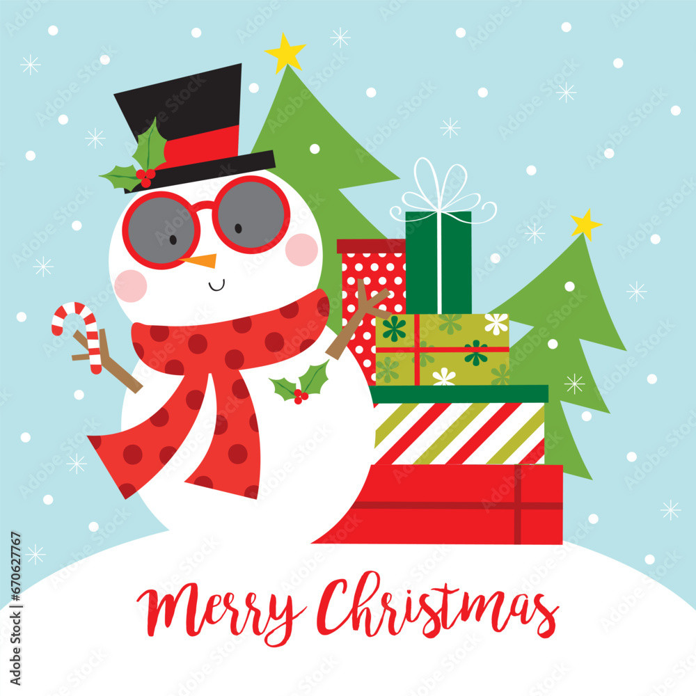 Sticker snowman and christmas gift greeting card design