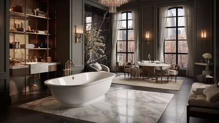 Fototapeta na wymiar A luxurious spa-style bathroom with a freestanding bathtub, rain shower, and marble accents