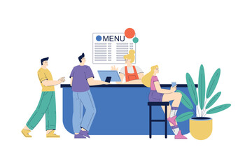 Man Character Standing at Fast Food Restaurant Counter Order Food Vector Illustration