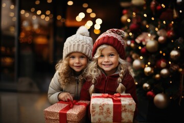 Fototapeta na wymiar Two happy little kids in cozy knitted sweaters in Santa hats celebrating Christmas 