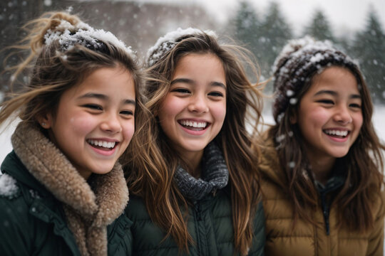 Retrato de tres niñas felices vestidas de invierno divirtiéndose al aire libre
