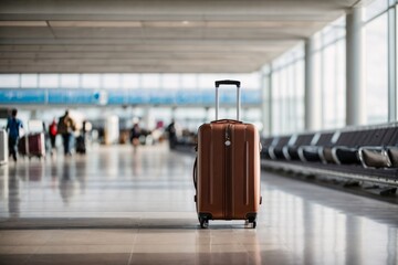 Travel luggage suitcase in terminal empty departure airport hall waiting for seat. Generative Ai.