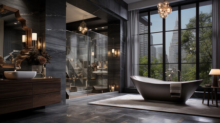 A luxurious spa-style bathroom with a freestanding bathtub, rain shower, and marble accents
