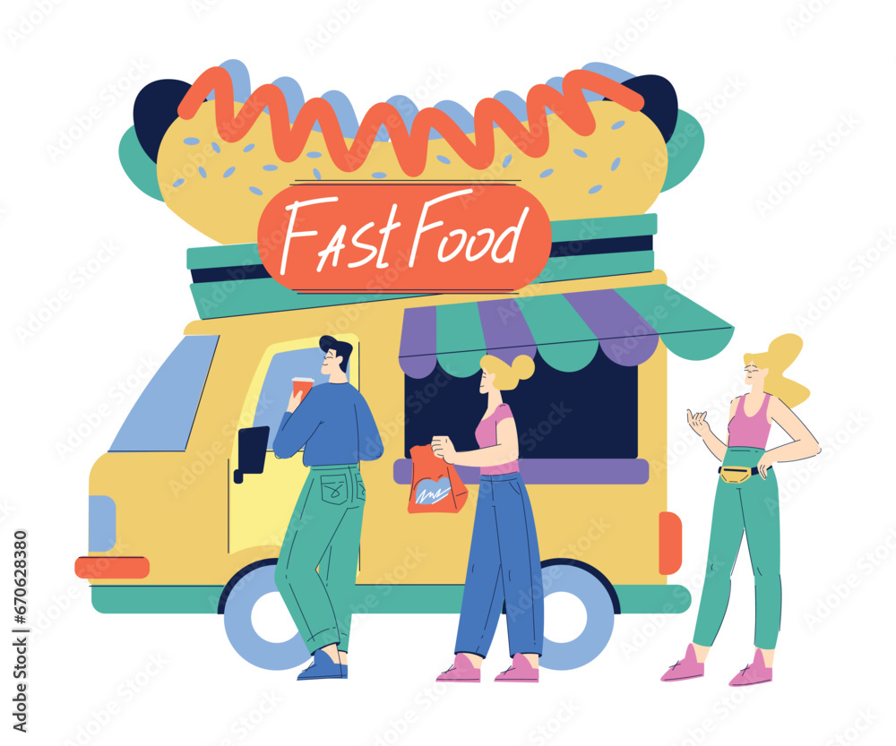 Poster man and woman character buy fast food at street truck cafe vector illustration