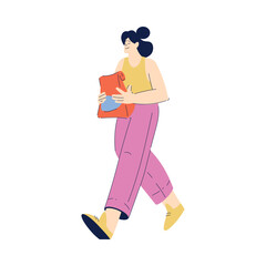 Woman Character Carry Package from Fast Food Restaurant Vector Illustration