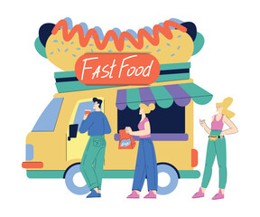 Man and Woman Character Buy Fast Food at Street Truck Cafe Vector Illustration