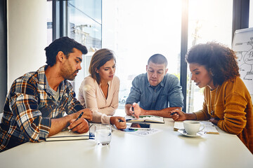 Editor, planning and teamwork in business meeting, office or writers of press, newspaper or...