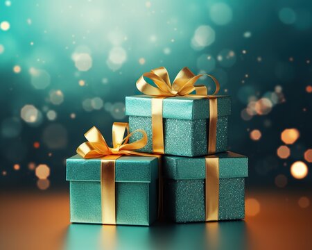 festive Gifts with Gold Ribbons on Bokeh Background