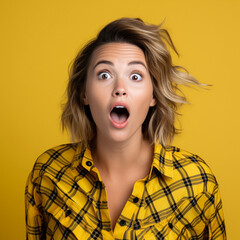 Portrait of a caucasian woman with surprised gesture on yellow background