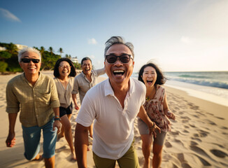 Group of middle aged Asian people having fun on the beach