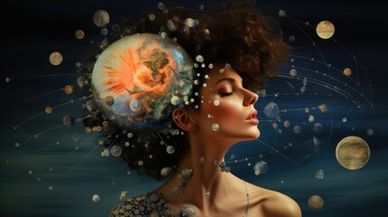 Surreal art concept on the topic: Astrology and natal chart calculations. Woman with planets, esoteric mystical abstract magic. against the backdrop of the cosmic sky