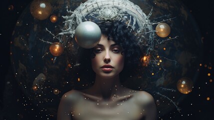 Surreal art concept on the topic: Astrology and natal chart calculations. Woman with planets, esoteric mystical abstract magic. against the backdrop of the cosmic sky