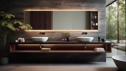 A contemporary bathroom with a floating vanity, vessel sinks, and backlit mirrors