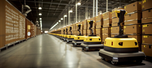 Smart robot, box-mover robots carry box in the warehouse, system for innovative warehouse and factory digital technology, IOT software connected to internet network in Distribution Logistics Center.