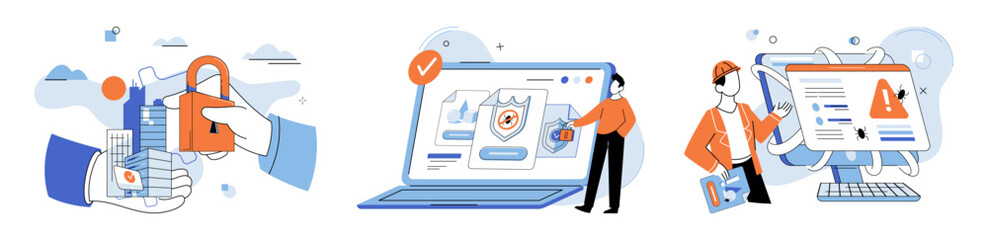 Industrial cyber security. Vector illustration. Reports provide valuable insights into state industrial cyber security The analysis risks helps develop effective security strategies in industry