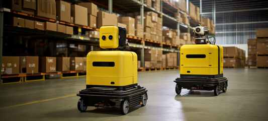 Naklejka premium Smart robot, box-mover robots carry box in the warehouse, system for innovative warehouse and factory digital technology, IOT software connected to internet network in Distribution Logistics Center.