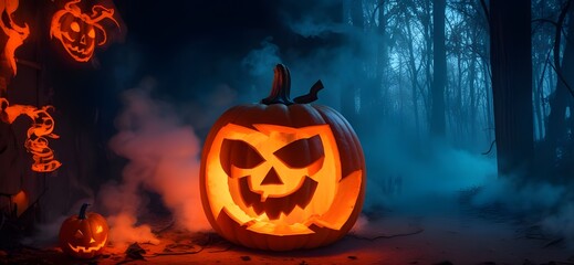 neon Smoke from inside of Halloween orange pumpkin in dark forest, scary house with dark background