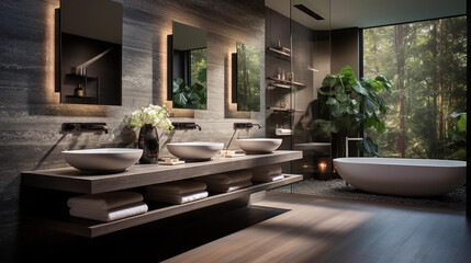 A contemporary bathroom with a floating vanity, vessel sinks, and backlit mirrors