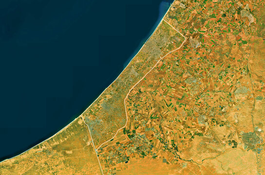 Gaza, Palestine - Map of the Gaza Strip, satellite view, top view, border recolored, Close up, edited