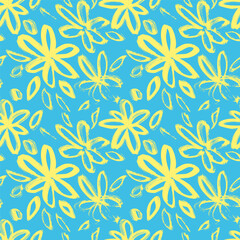 Dry Brush Chamomile Flower Seamless Blue Pattern