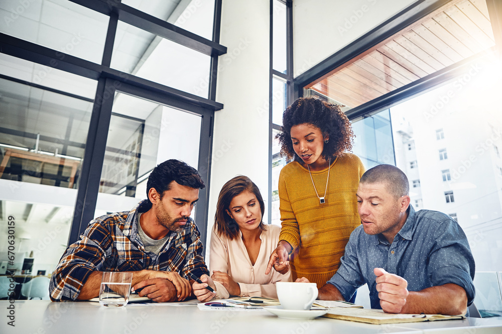 Poster meeting, review and market research paperwork with data, graphs or talking with kpi information in a