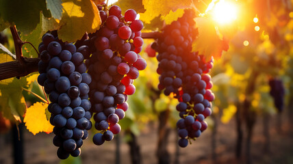 Vineyards at sunset in autumn harvest. Ripe grapes in fall. Bunch of ripe grapes on vineyards....