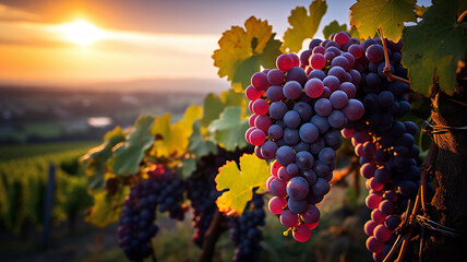 Vineyards at sunset in autumn harvest. Ripe grapes in fall. Bunch of ripe grapes on vineyards....