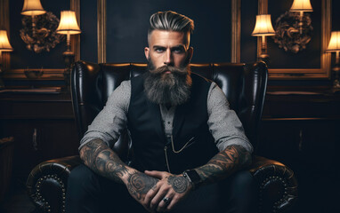 A tattooed man with a long black tatted beard sitting on a couch - obrazy, fototapety, plakaty