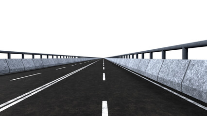 Central view of a driving lane stretching into the distance from the driver's point of view isolated on empty background. 3D Rendering
