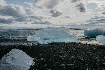 Blue piece of ice on the Diamond beach in Iceland