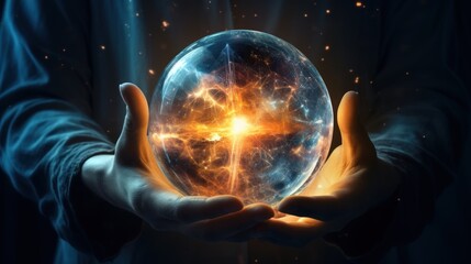 Magic crystal ball in the hands witch fortune teller, the theme of mysticism, occult and paranormal - obrazy, fototapety, plakaty