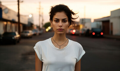 Hispanic woman with intense facial expression in the street at evening