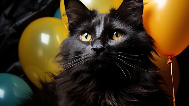 A Cat With A New Years Bowtie And Balloons , Background Images, Hd Illustrations