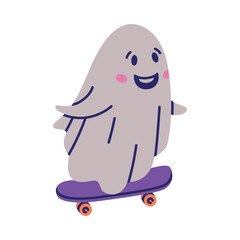 Cute Ghost Character as Flying Poltergeist Creature Ride Skateboard Vector Illustration