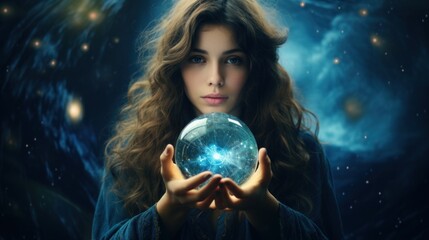 Naklejka premium Magic crystal ball in the hands of a girl witch fortune teller, the theme of mysticism, occult and paranormal