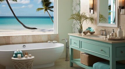 Fototapeta na wymiar A bathroom with a coastal theme, featuring aqua-blue tiles, seashell decor, and a beachfront view