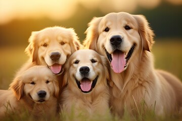 Happy Golden Retrievers Family in Sunset Light