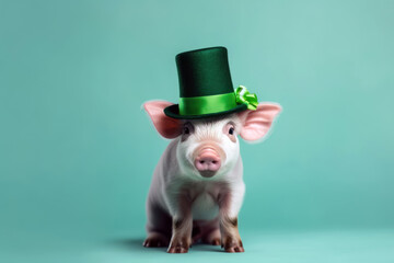 Little cute pig with green hat on light green background with copyspace - 670630991