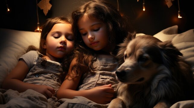 A Child And Pets Sharing Post-Christmas Snuggles, Background Images, Hd Illustrations